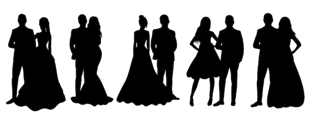 Set of bride and groom silhouette isolated vector