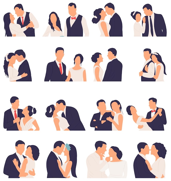 Set of bride and groom silhouette isolated vector