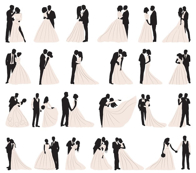 Set of bride and groom watercolor silhouette isolated icon vector