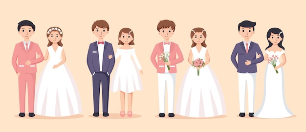 Set of Bride in white dress and Groom in suit Couple wedding vector illustration