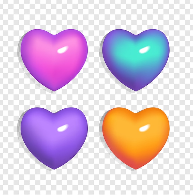 Set di cuori 3d luminosi (colore blu, viola, arancione e rosa) su sfondo trasparente. segni di gradiente del giorno e dell'amore di san valentino. illustrazione per matrimonio, poster, invito, auto saluto