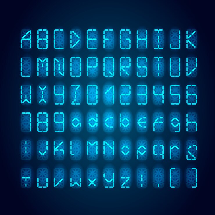 Vector set of bright blue digital retro clock font on dark