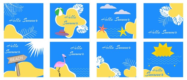 Vector a set of bright blue social media story templates summer landscape backgrounds in a modern style