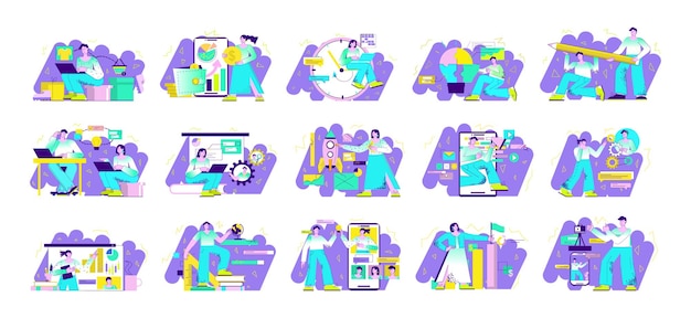 フラットなアニメのデザインで人々のシーンの明るい色のコンセプトのセット シーンの大きなコレクション