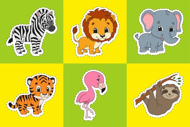 Set of bright color stickers for kids Animal theme Cute cartoon characters