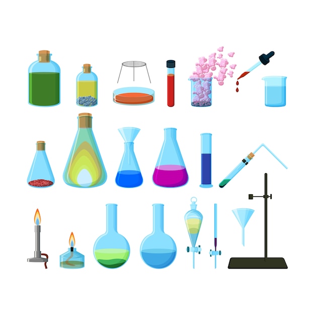 Vector set of bright colorful chemical laboratory glassware isolated