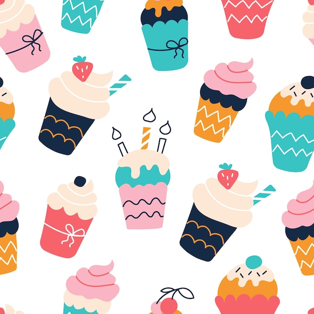 set of bright colorful cupcakes in the style of flat doodles Vector seamless pattern