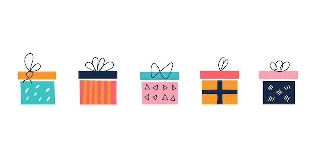 set of bright colorful square gift boxes with bows in a flat doodle style Vector illustration