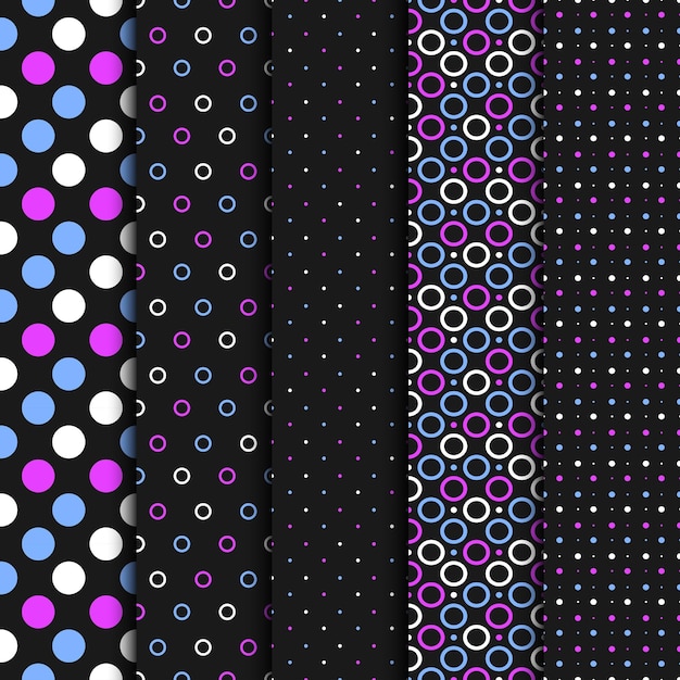 Set of bright colorful vector geometric seamless patterns with circles and dots