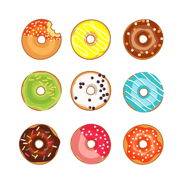 Set of bright donnuts Vector illustration of desserts Collection of sweet pastries