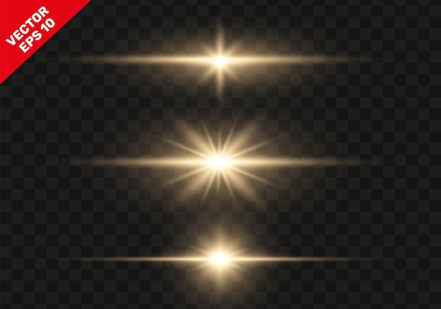 Set of bright gold flashes lights and sparks on a transparent background Flash with glowing line