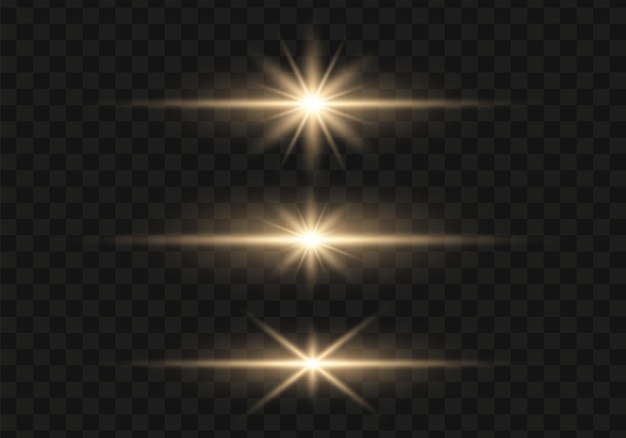 Set of bright gold flashes lights and sparks on a transparent background Flash with glowing line