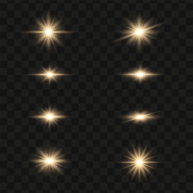 Set of bright gold flashes lights and sparks on a transparent background flash with glowing line