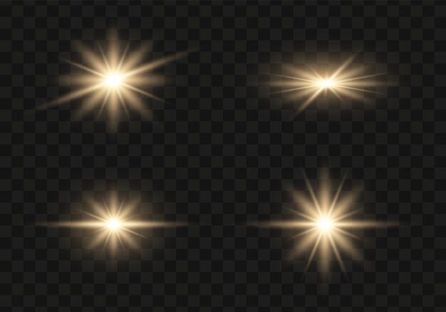 Set of bright gold flashes lights and sparks on a transparent background flash with glowing line