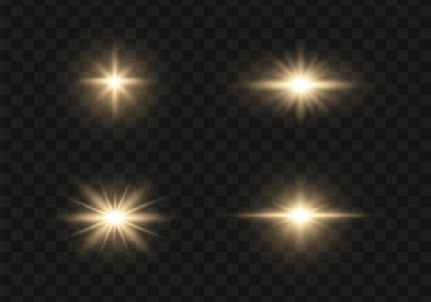 Set di luci e scintille dorate luminose su uno sfondo trasparente flash con linea luminosa