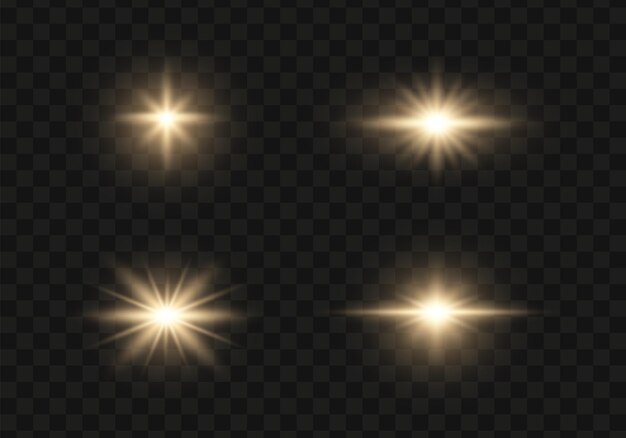 Set of bright gold flashes lights and sparks on a transparent background flash with glowing line