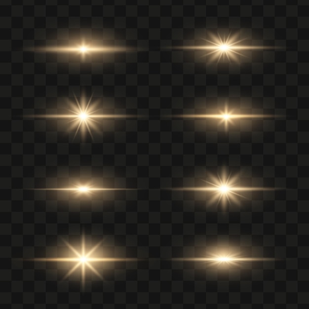 Set of bright gold flashes lights and sparks on a transparent background flash with glowing line