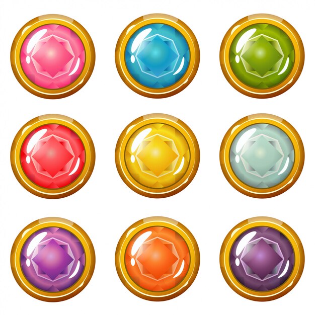 Vector set of bright golden plated crystal buttons