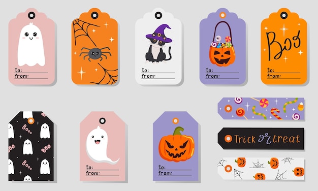 Набор ярких тегов Хэллоуина с симпатичными персонажами Иллюстрация поздравительных открыток для печати Яркий дизайн для Хэллоуина в традиционных цветах