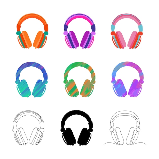 Set of bright headphones in different colors and textures black silhouette of headphones vector