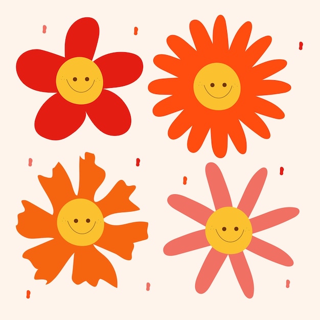 A set of bright hippie colors with 60's 70's 80's smiley faces