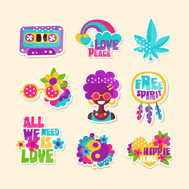 A Set Of Bright Hippy-Themed Badges 