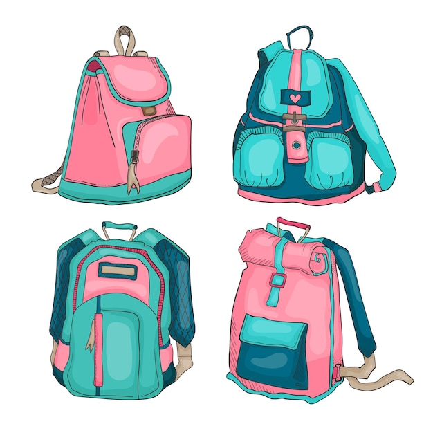 Set of bright illustrations of backpacks