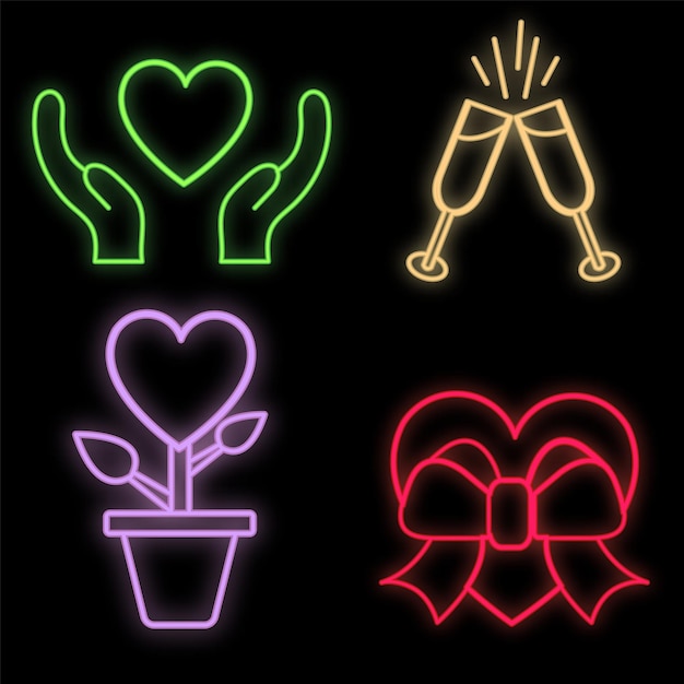 Vector set of bright luminous multicolored festive neon signs for the store and cards beautiful shiny