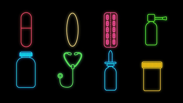 Set of bright luminous multicolored medical neon signs for a pharmacy store or hospital scientific