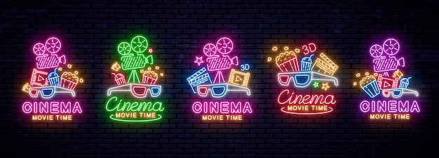 Set of bright neon signs for the cinema.