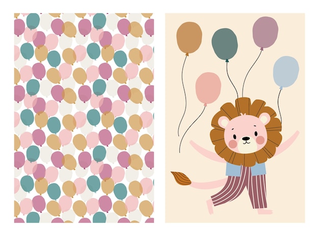 풍선과 사자를 가진 밝은 패턴의 세트 공을 가진 고립된 사자 생일 서커스