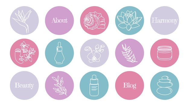 Set of bright purple highlights icons for social networks of icons for a blog about cosmetics medicine and mental health