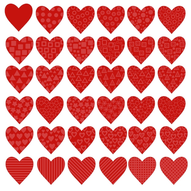 A set of bright red hearts with gentle red patterns in the form of circles squares triangles stars hearts and stripes Valentine's Day cards of various kinds