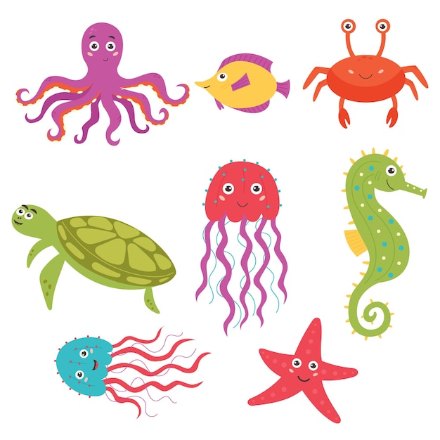 Set bright sea creatures