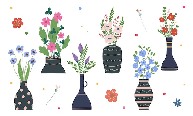 Set of bright spring flowers in vases and bottles isolated on a white background Cartoon flat