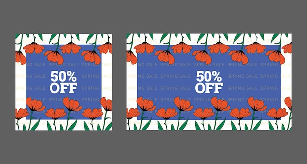 Set of bright spring sale social media banners design. Blue and orange. Bright flowers