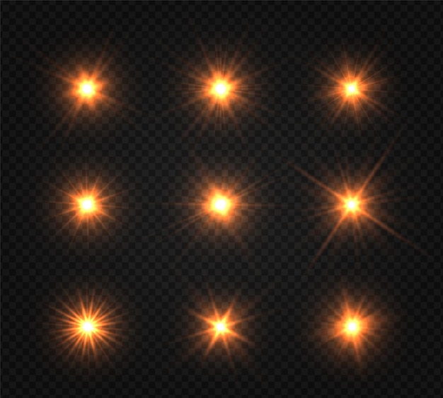 Set of bright star. Golden glowing light explodes on a transparent background.