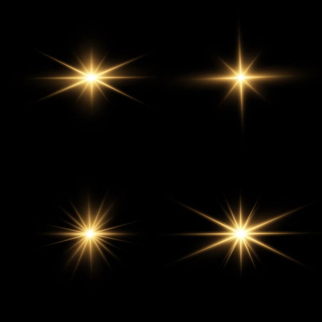Set di stelle luminose. la luce gialla incandescente esplode su uno sfondo trasparente. sole splendente trasparente, lampo luminoso. per centrare un flash luminoso. particelle di polvere magica scintillante. scintilla.