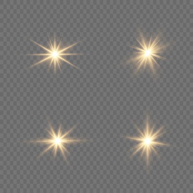 Set of bright Star. Yellow glowing light explodes on a transparent background. Transparent shining sun, bright flash. To center a bright flash. Sparkling magical dust particles.  sparkles.