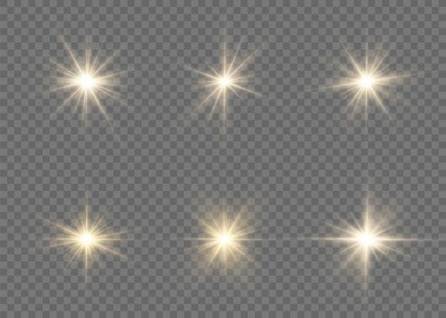 Set of bright Star. Yellow glowing light explodes on a transparent background. Transparent shining sun, bright flash. Sparkling magical dust particles.