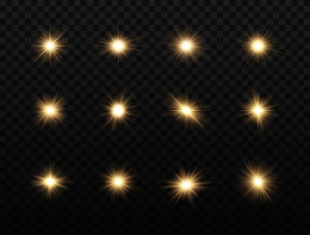 Set di stelle luminose la luce incandescente dorata esplode su uno sfondo trasparente