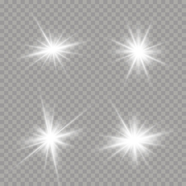 투명 한 배경에 밝은 별의 집합입니다. 섬광, 폭발, 스파클, 라인, 태양 플레어. 가벼운 버스트와 함께 흰색 빛나는 별의 집합입니다.