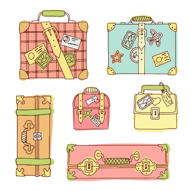 A set of Bright Suitcases for travel Hand luggage Bag Entertainment moving to another country Vector illustration on white background in doodle style