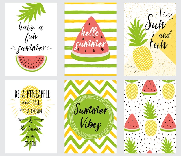 Vector set of bright summer banners summer quotes fresh fruits shapes pineapple watermelon tropical leaf