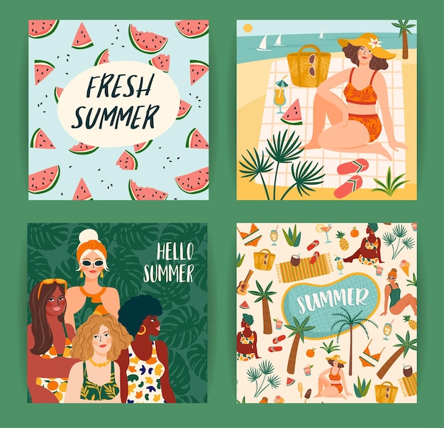 Set of bright summer illustrations with cute women. Card