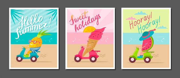 A set of bright summer posters with funny fruits and lettering for nursery design