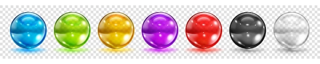 Set of bright translucent colored spheres with glares and shadows on transparent background