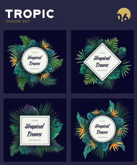 Set di carte tropicali luminose con piante della giungla