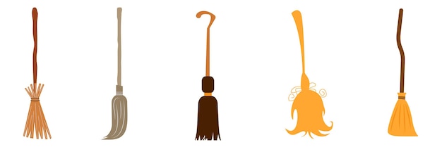 Set of the brooms Halloween accessory object Broom cartoon vector illustration