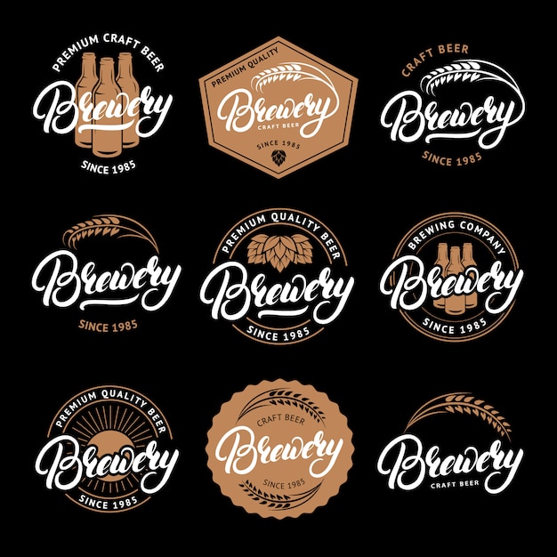 Set brouwerij handgeschreven belettering logo, label, badge, embleem